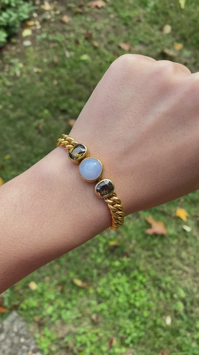French Vintage Star Sapphire and Smoky Topaz 18K Gold Curb Bracelet
