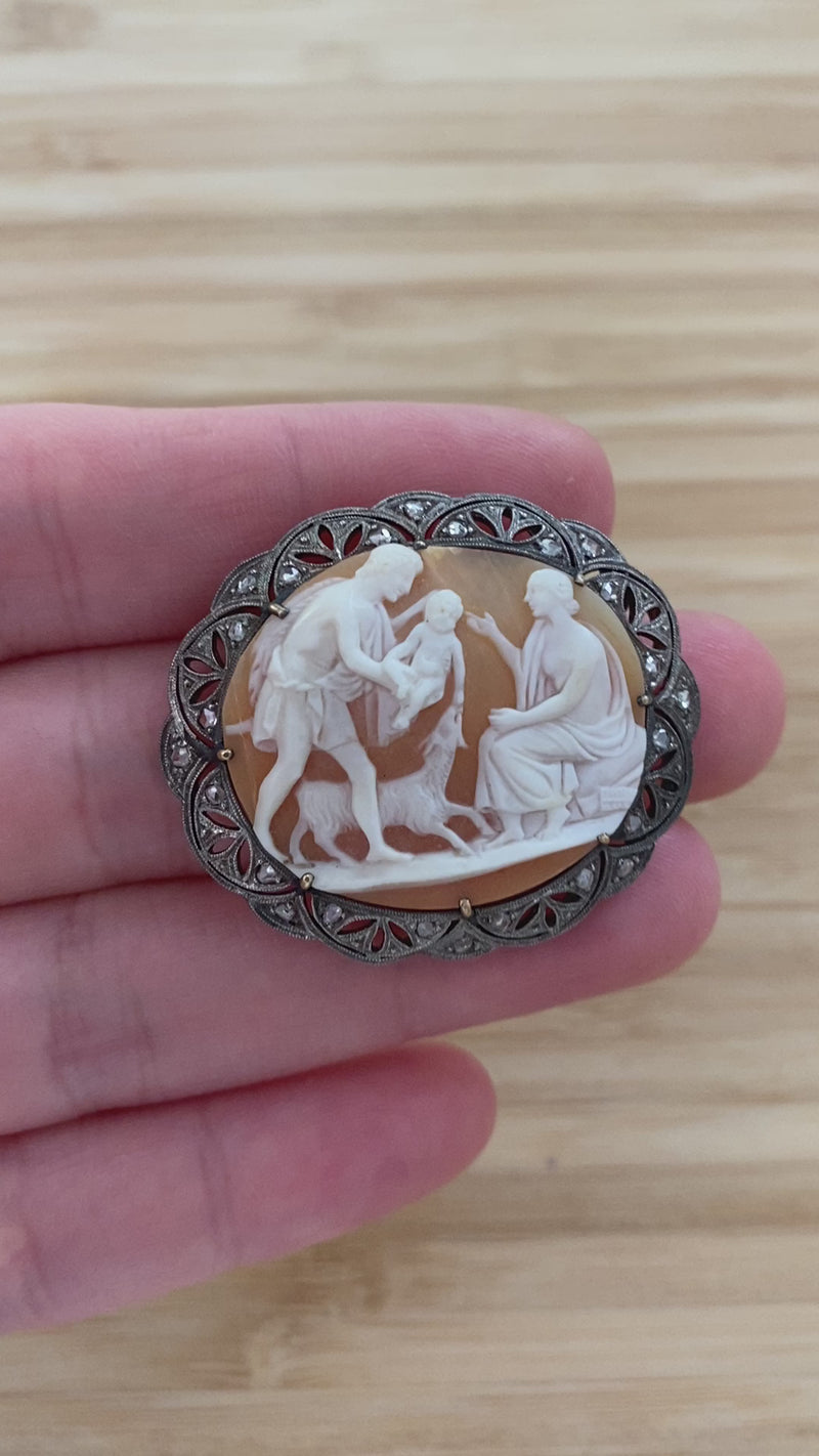 Antique 18K Gold, Silver, and Diamond Cameo Brooch, Pin