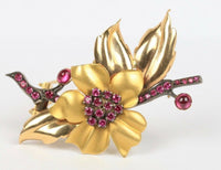 Retro Era Synthetic Ruby Star Flower Branch 18K Gold Brooch Pin - alpha-omega-jewelry