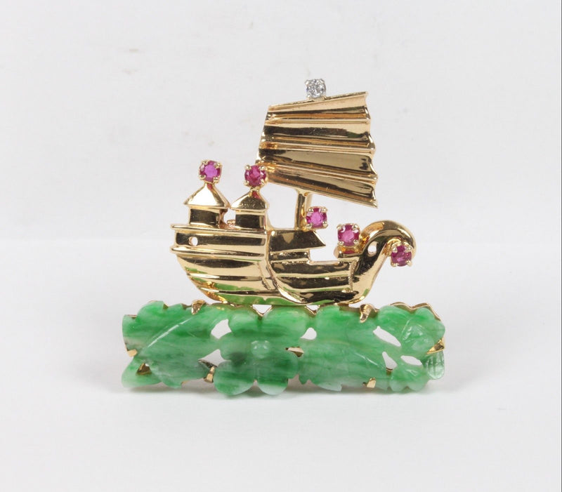 Vintage Carved Jadeite Jade Ruby and Diamond 14K Gold Ship Pin - alpha-omega-jewelry