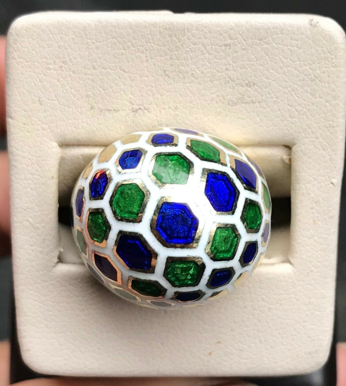 Vintage Blue Green and White Honeycomb Enamel 14K Gold Dome Ring - alpha-omega-jewelry