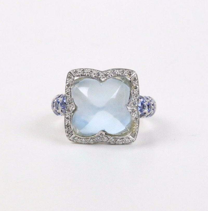 Blue Chalcedony Diamond and Natural Sapphire 18K White Gold Clover Ring - alpha-omega-jewelry