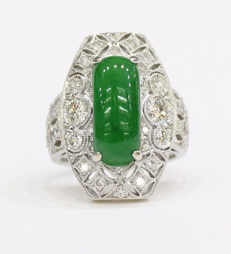 GIA Certified Imperial Green "A" Jadeite Jade Art Deco Diamond 18K Gold Ring - alpha-omega-jewelry
