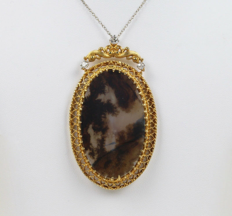 Victorian Dendritic Moss Agate and 0.5 Carat Diamond 14K Gold Pendant Necklace - alpha-omega-jewelry