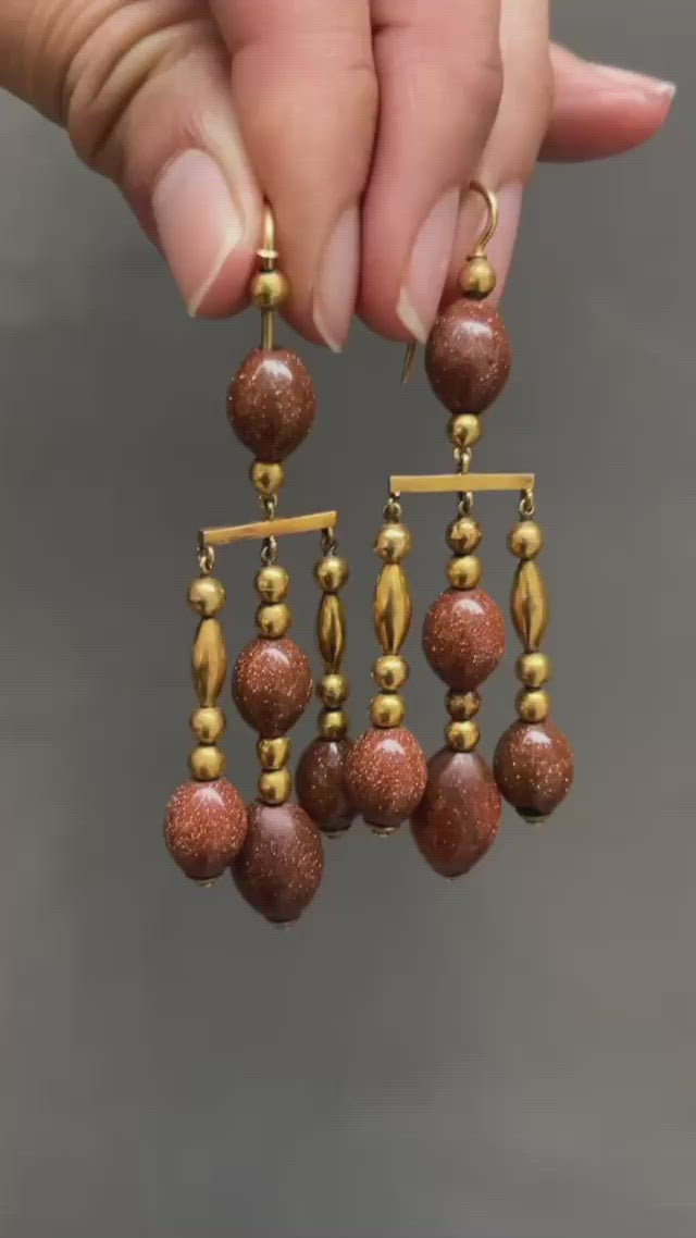 Large Vintage 18K Gold and Goldstone Dangling Chandelier Earrings