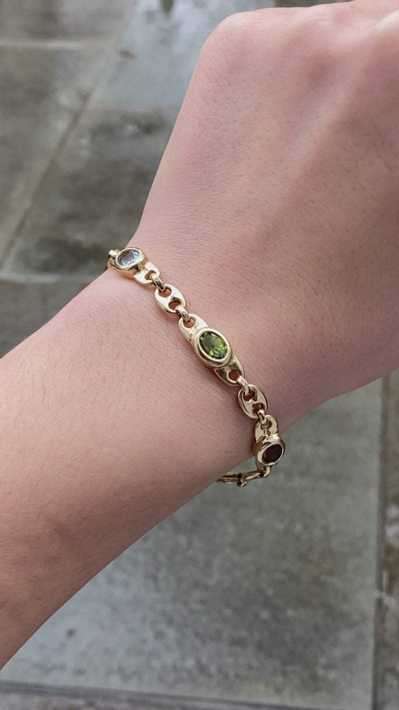 Vintage Multicolor Gemstone and 14K Gold Mariner Link Bracelet