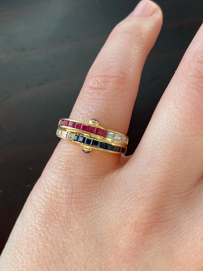 Vintage 18K Gold Carre Cut Diamond, Sapphire, and Ruby Wave Ring, 1970s Stacking Band