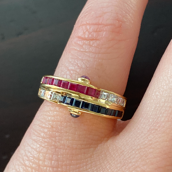 Vintage 18K Gold Carre Cut Diamond, Sapphire, and Ruby Wave Ring, 1970s Stacking Band