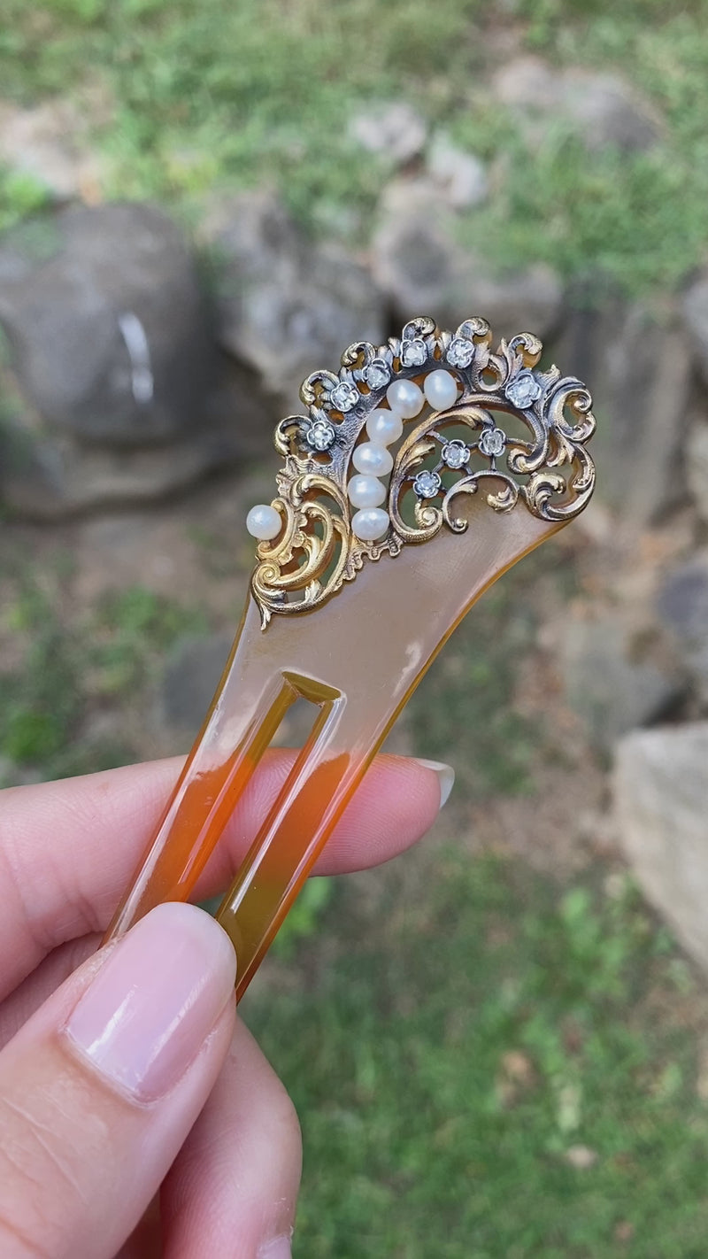 Art Nouveau Diamond, Pearl, and Silver Gilt Hair Comb