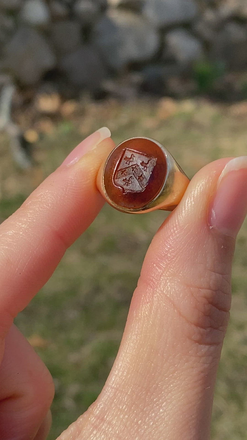 Antique Carved Carnelian Intaglio Ducks and 14K Gold Signet Ring