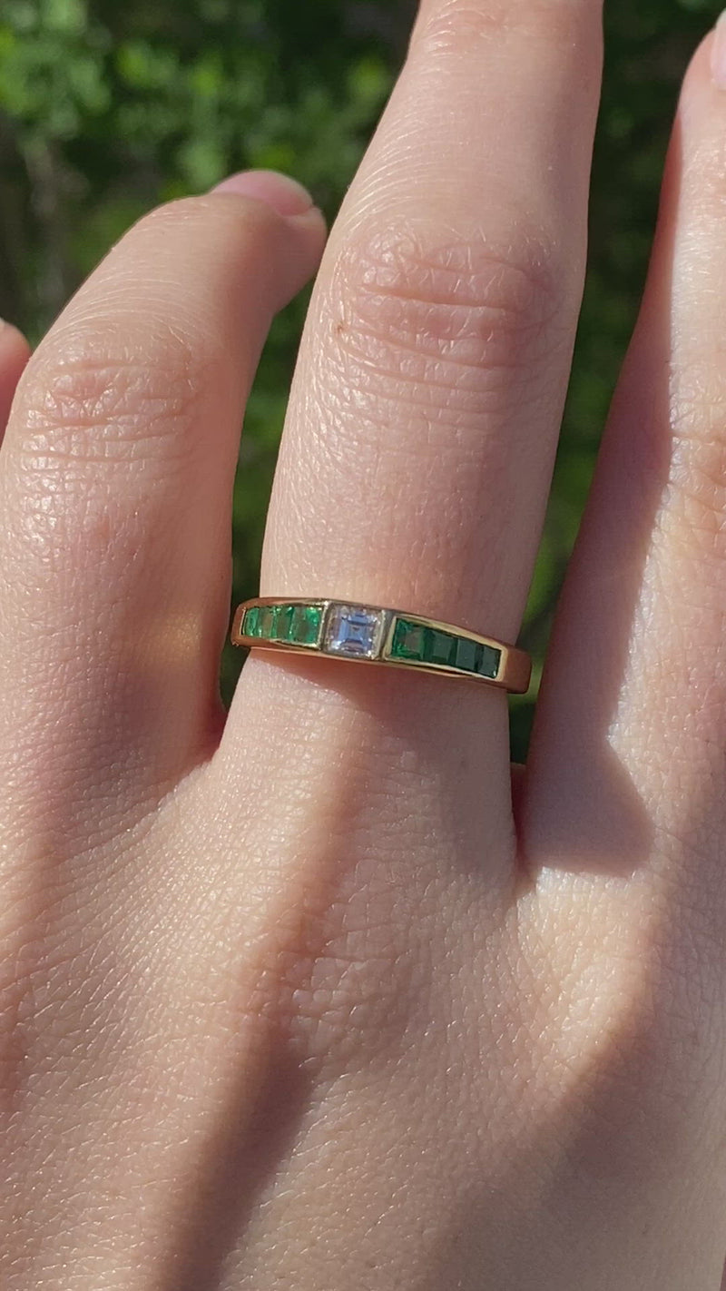 Carre Cut Diamond and Emerald 18K Gold Band, Stacking Ring