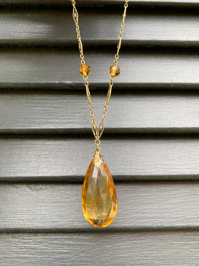 Art Deco 14K Gold and Citrine Briolette Drop Filigree Necklace