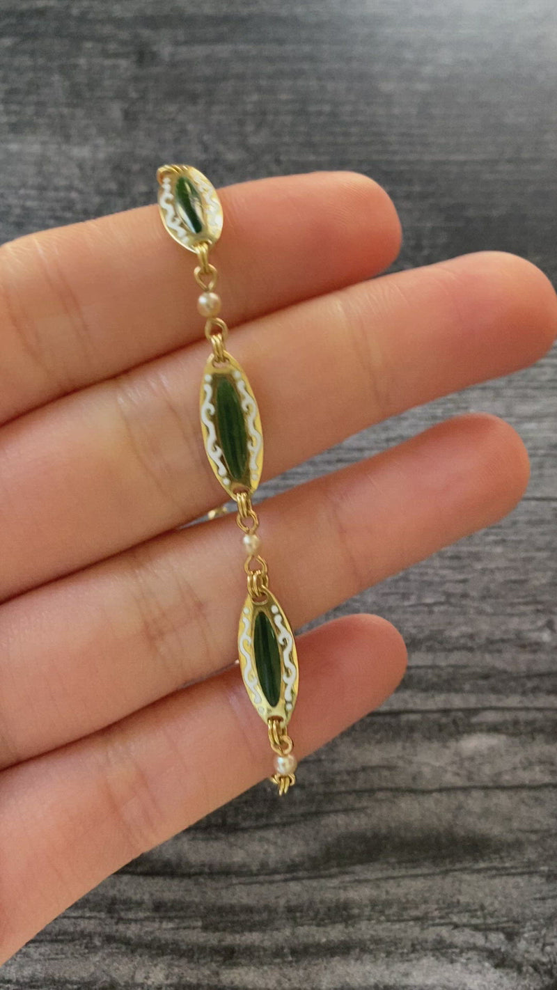 Antique 18K Gold and Plique A Jour Enamel Bracelet, Art Nouveau Pearl Bracelet