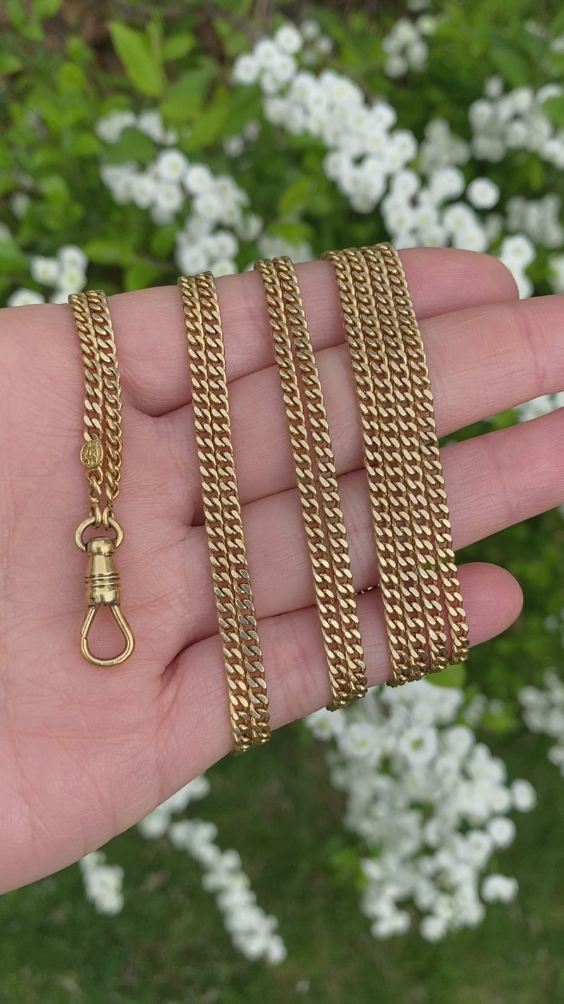 Art Deco 14K Gold Curb Link Longuard Chain, 60” Long
