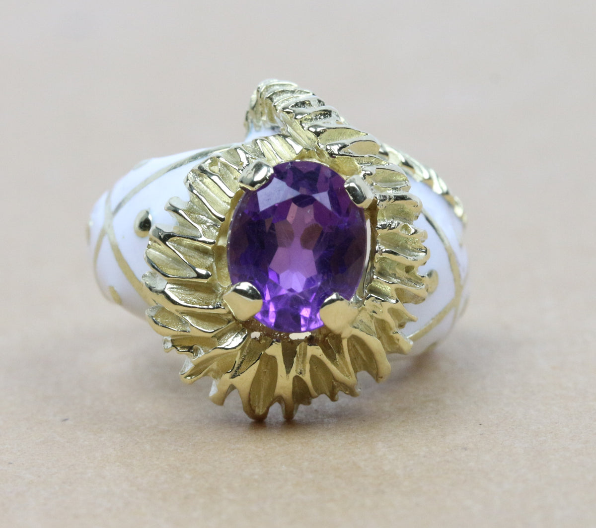 Funky Natural Amethyst and White Enamel Heavy 18K Gold Ring