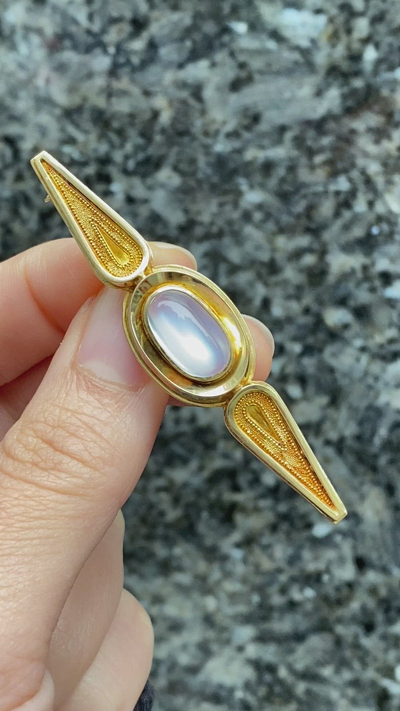 Vintage 14K Gold and Moonstone Modernist Brooch, Bar Pin