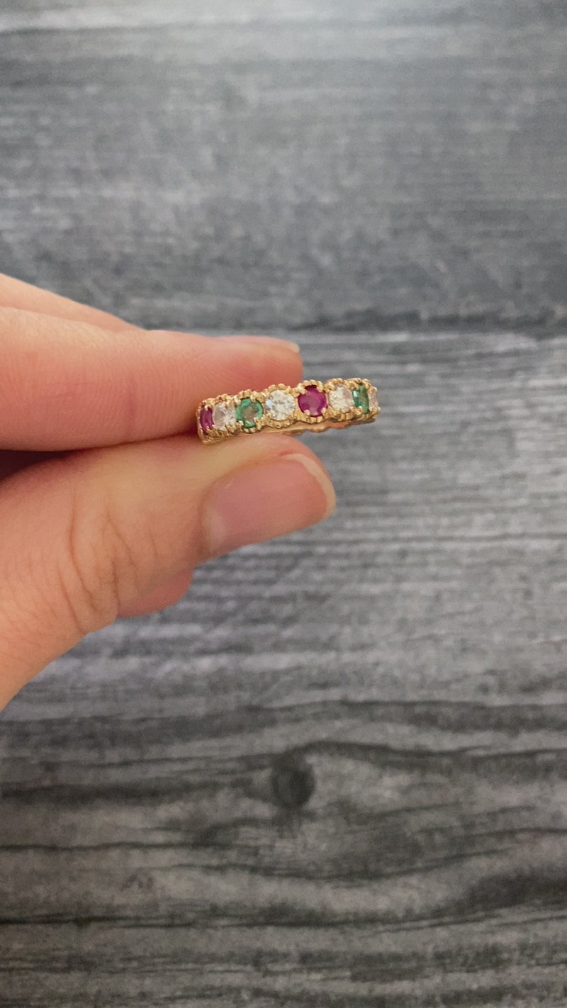 Festive Emerald, Ruby, White Topaz Eternity Band, Size 5.25