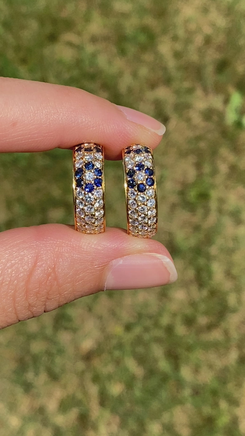 Vintage 18K Gold Diamond and Sapphire Daisy Flower Huggie Earrings