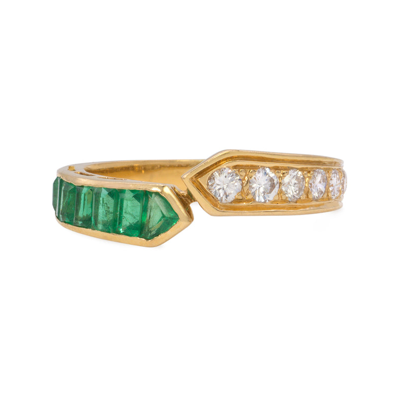 Vintage 18K Gold Diamond and Emerald Bypass Ring, Stacking Band