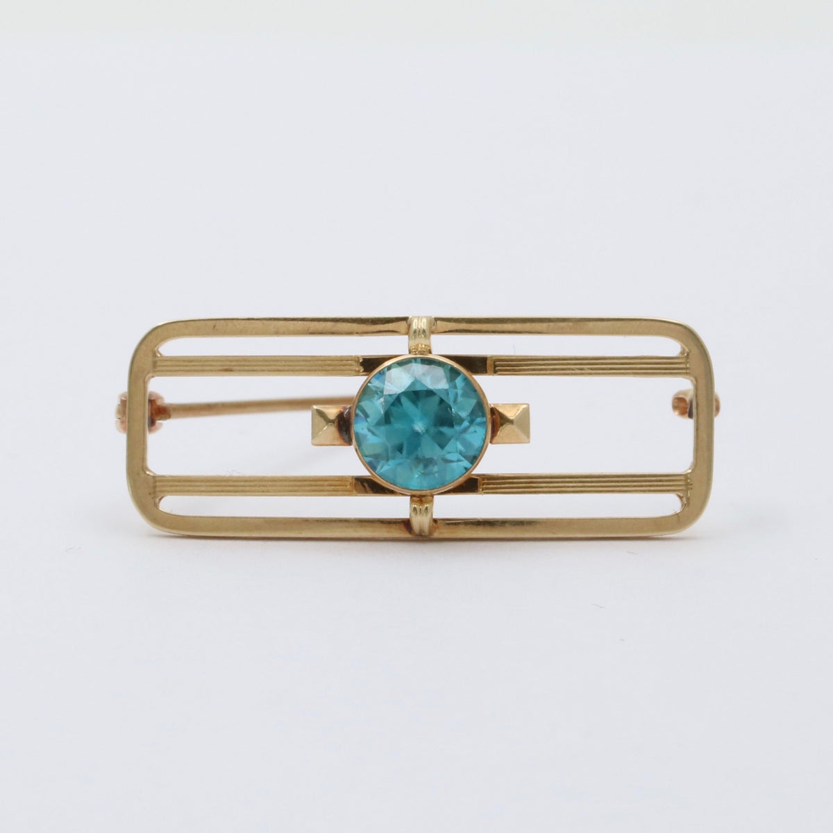 Art Deco Krementz 14K Gold and Blue Zircon Geometric Pin