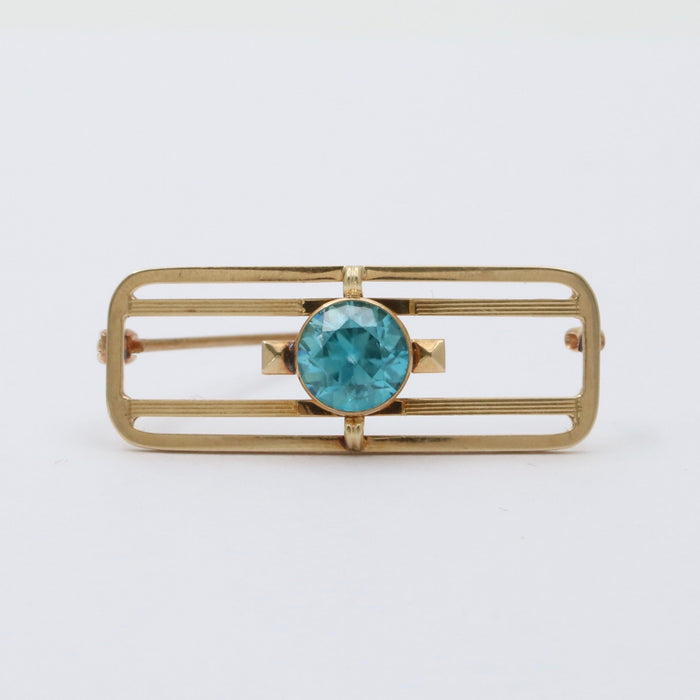 Art Deco Krementz 14K Gold and Blue Zircon Geometric Pin