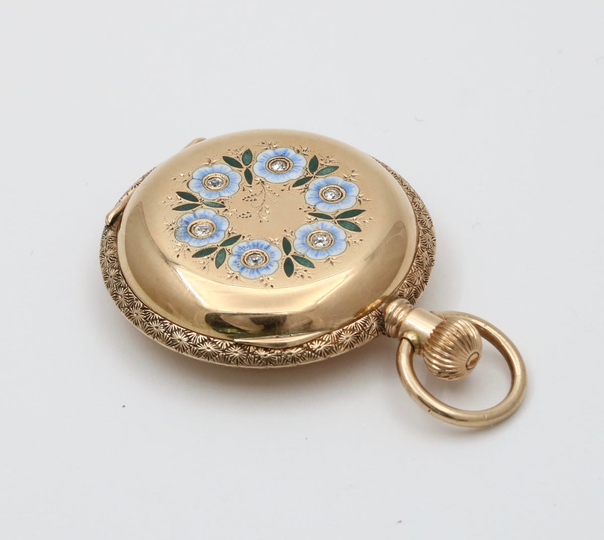 Antique Enamel, Diamond, and 14K Gold Forget Me Not Flower Pocket Watch