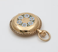 Antique Enamel, Diamond, and 14K Gold Forget Me Not Flower Pocket Watch