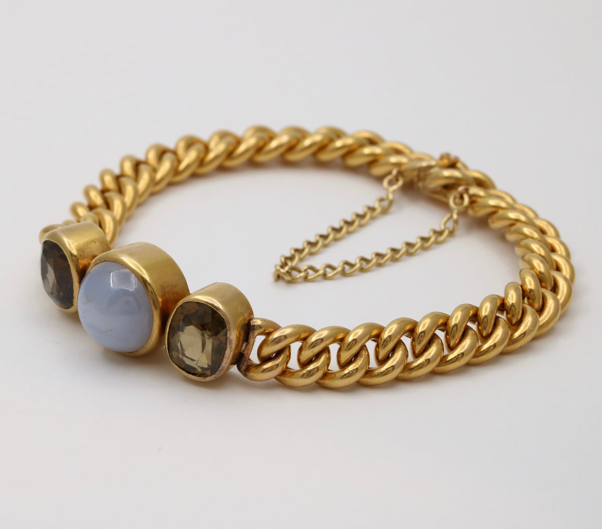 French Vintage Star Sapphire and Smoky Topaz 18K Gold Curb Bracelet