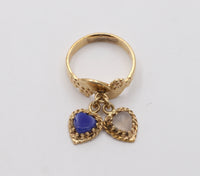 Vintage 14K Gold Ring with Dangling Blue and White Heart Charms