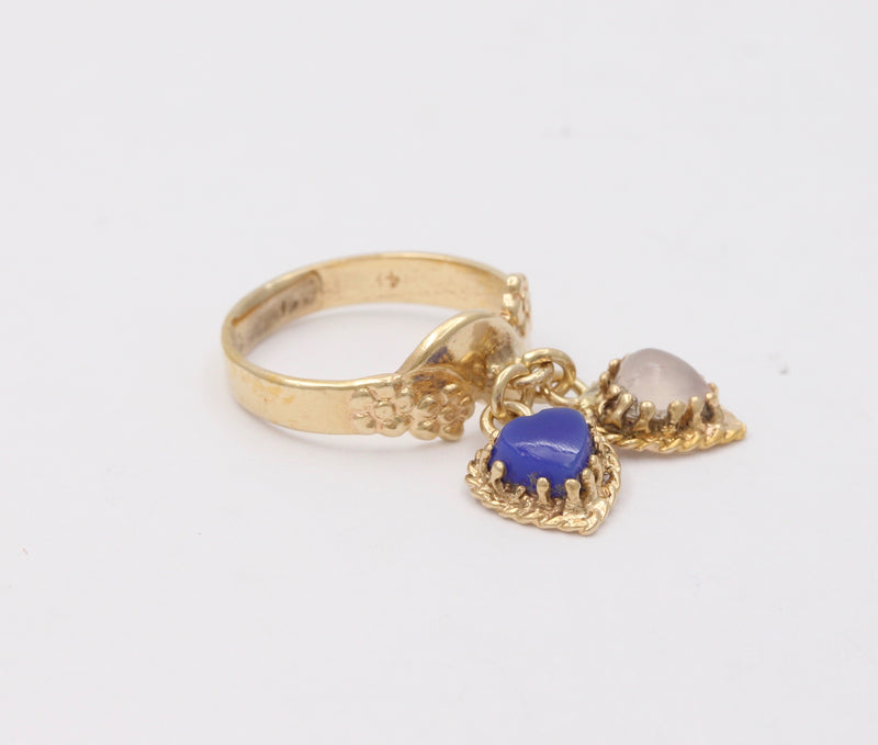 Vintage 14K Gold Ring with Dangling Blue and White Heart Charms