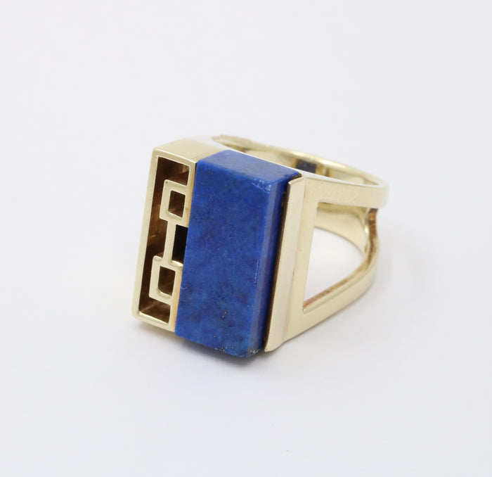 Bold Vintage 14K Gold and Carved Lapis Lazuli Statement Ring, 21.6 Grams