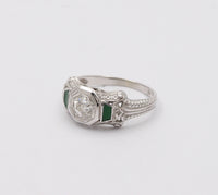 Art Deco 18K Gold, Diamond and Green Enamel Engagement Ring, Anniversary Ring