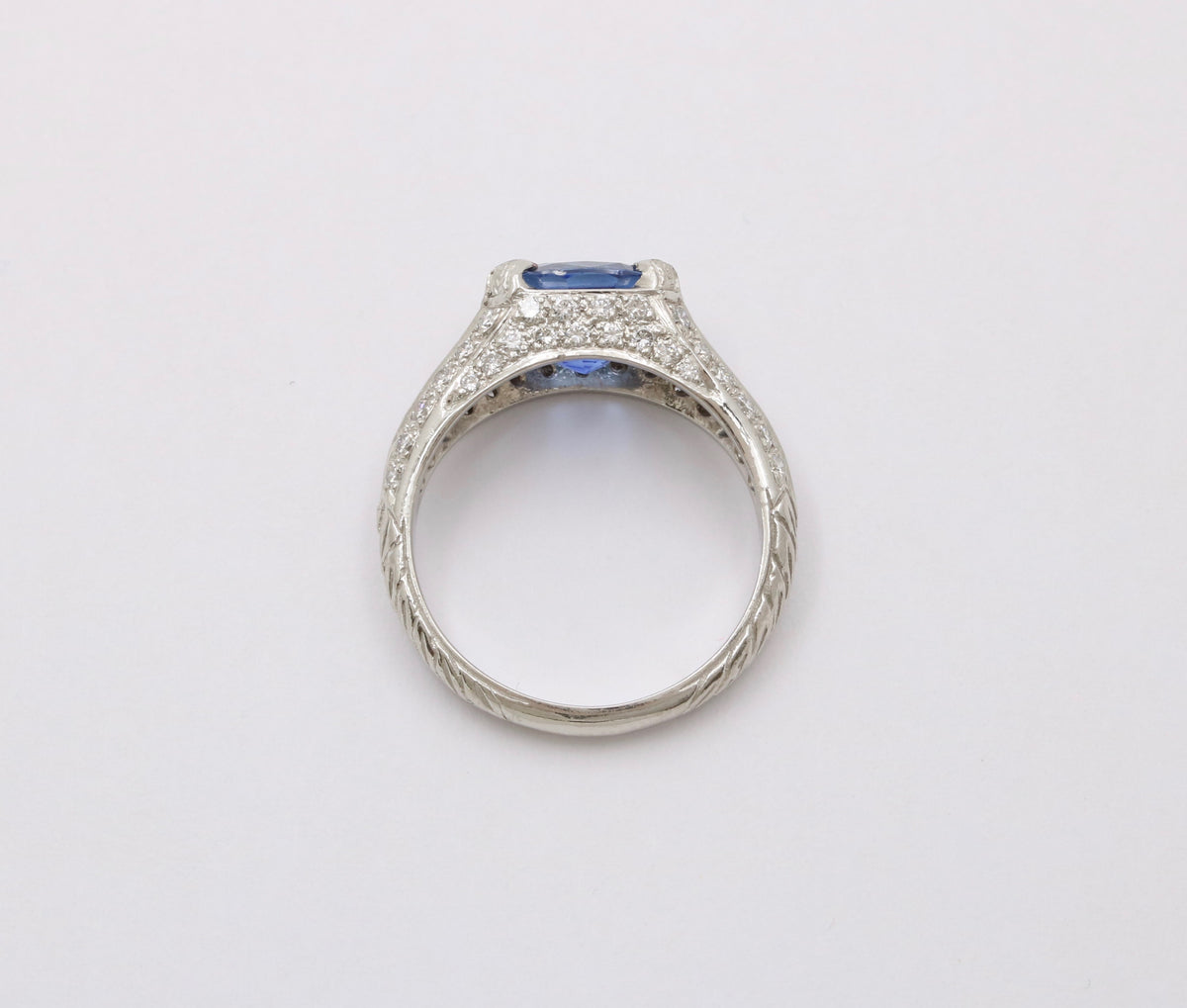 Vintage Platinum, 2.84 Ct Sapphire and Diamond Horizontally Set Ring, Engagement