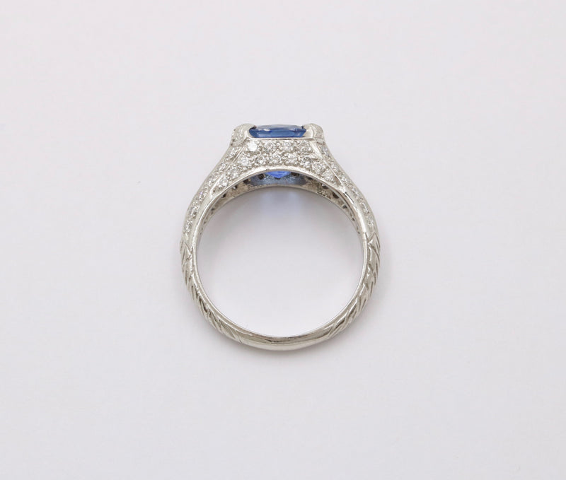 Vintage Platinum, 2.84 Ct Sapphire and Diamond Horizontally Set Ring, Engagement