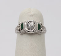 Art Deco 18K Gold, Diamond and Green Enamel Engagement Ring, Anniversary Ring