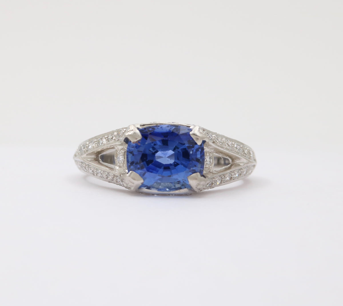Vintage Platinum, 2.84 Ct Sapphire and Diamond Horizontally Set Ring, Engagement