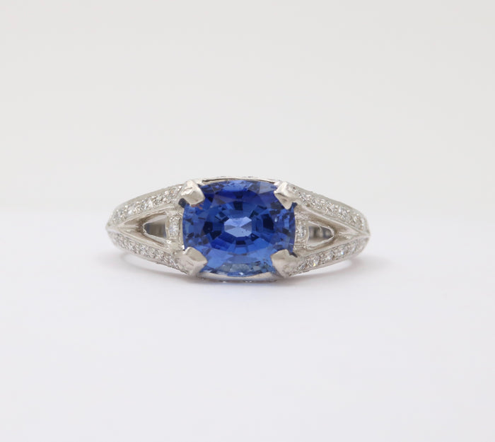 Vintage Platinum, 2.84 Ct Sapphire and Diamond Horizontally Set Ring, Engagement