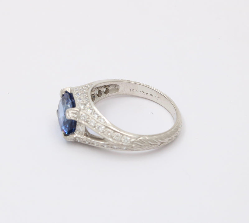 Vintage Platinum, 2.84 Ct Sapphire and Diamond Horizontally Set Ring, Engagement