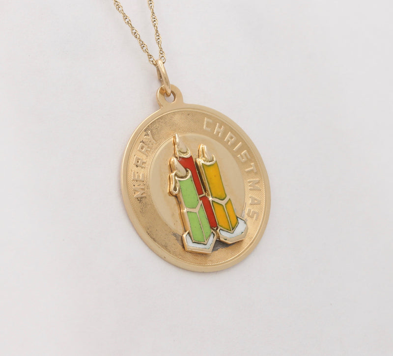 Vintage 14K Gold and Enamel “Merry Christmas” Candle Charm, Pendant