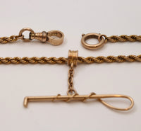 Antique 14K Gold Rope Watch Chain with Horse Crop Slide Pendant