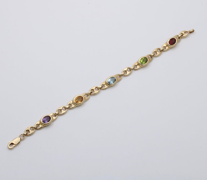 Vintage Multicolor Gemstone and 14K Gold Mariner Link Bracelet
