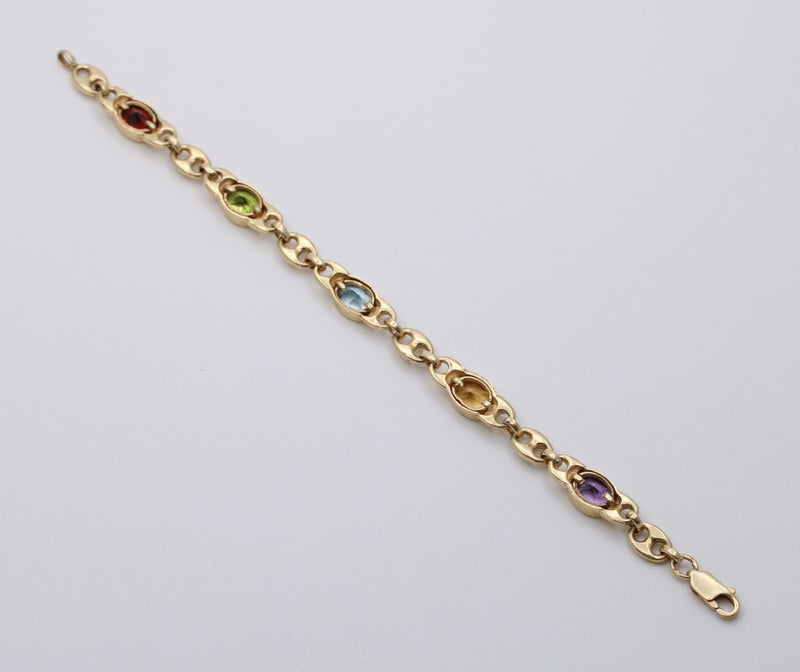 Vintage Multicolor Gemstone and 14K Gold Mariner Link Bracelet