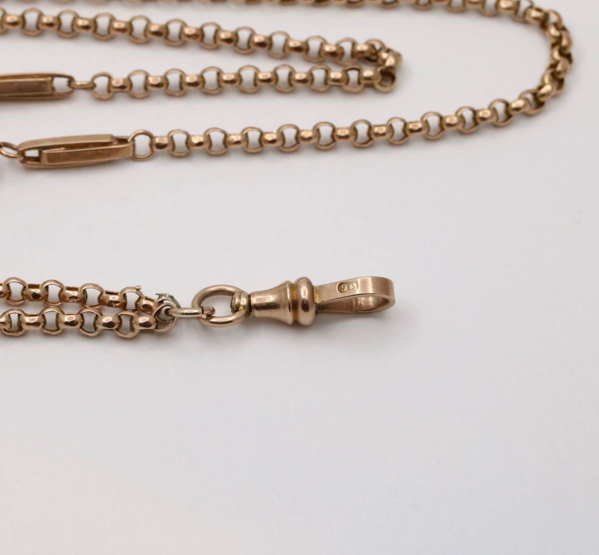 Antique English 9K Gold Belcher Trombone Link 61” Longuard Chain