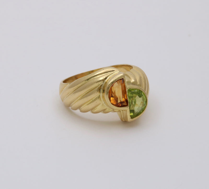 Vintage Citrine and Peridot 18K Gold Bypass Ring