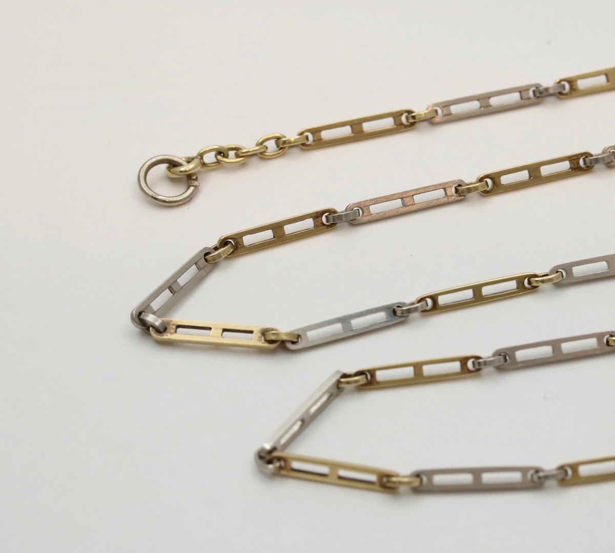 Art Deco 14K Gold Two Tone Ladder Link Watch Chain, 23” Long