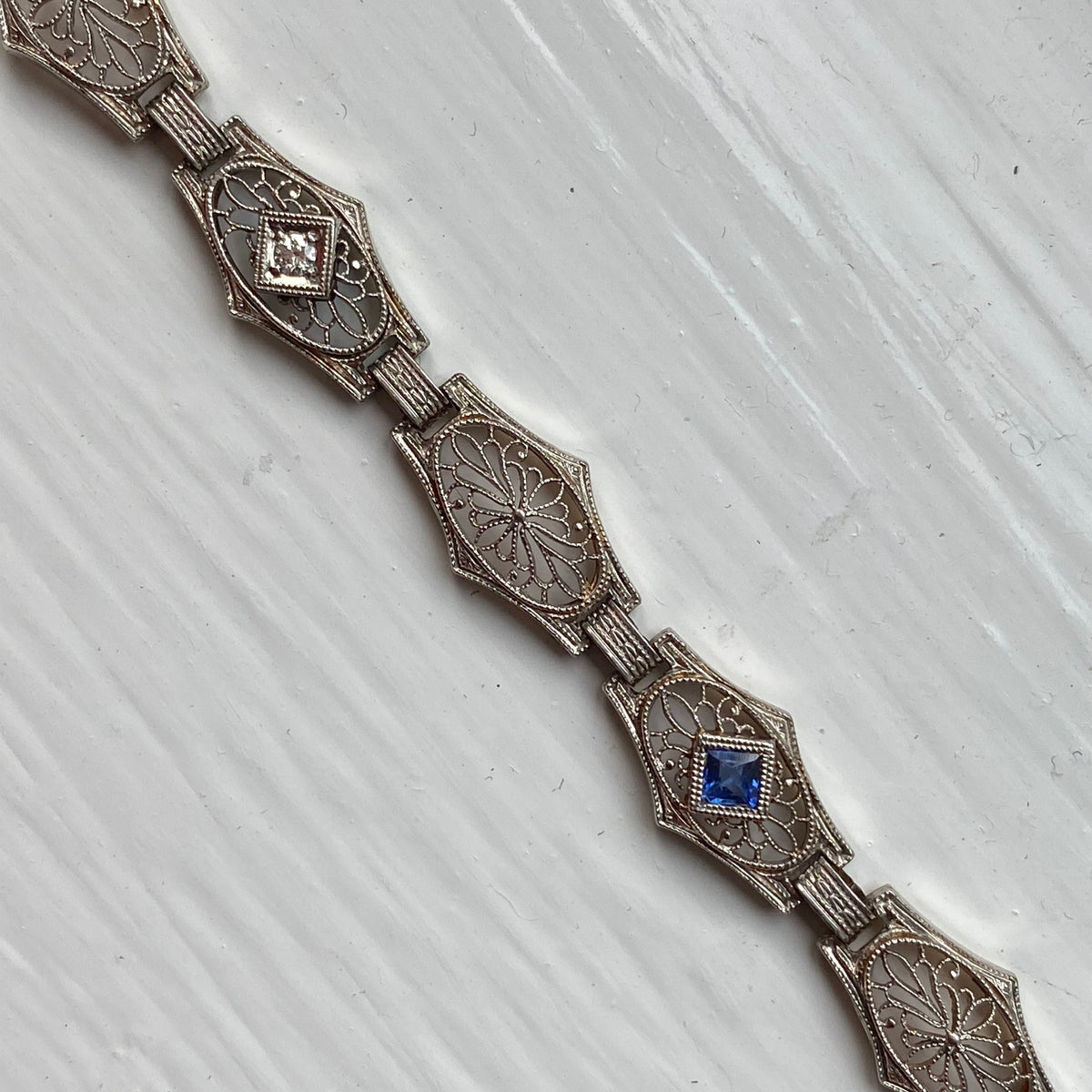 Art Deco Krementz Platinum and 14K Gold Diamond and Sapphire Filigree Bracelet