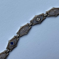 Art Deco Krementz Platinum and 14K Gold Diamond and Sapphire Filigree Bracelet