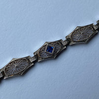 Art Deco Krementz Platinum and 14K Gold Diamond and Sapphire Filigree Bracelet