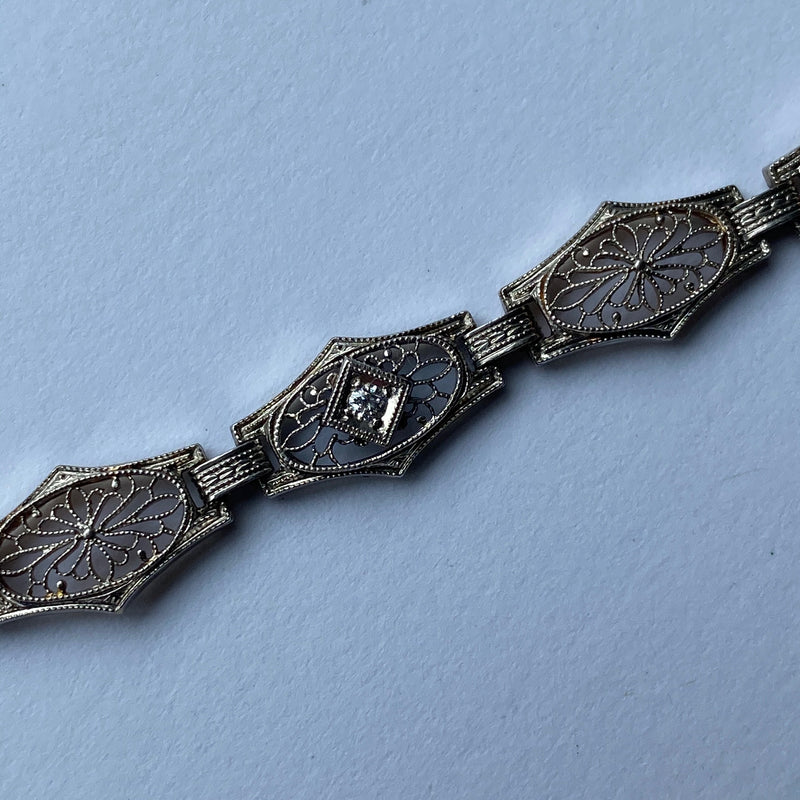 Art Deco Krementz Platinum and 14K Gold Diamond and Sapphire Filigree Bracelet