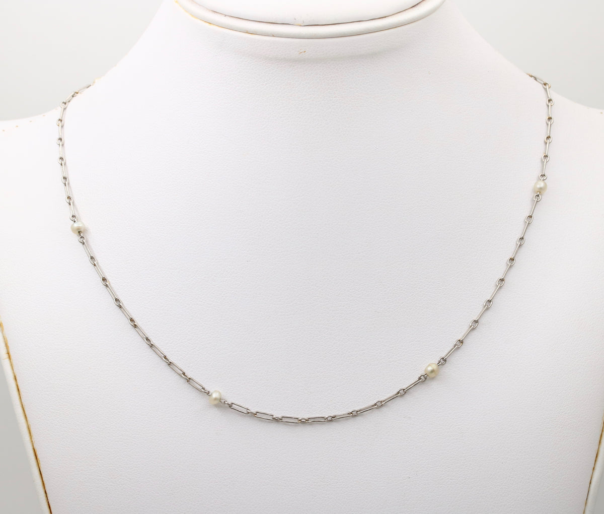 Art Deco Platinum and Pearl Paperclip Necklace, 27.4” Long